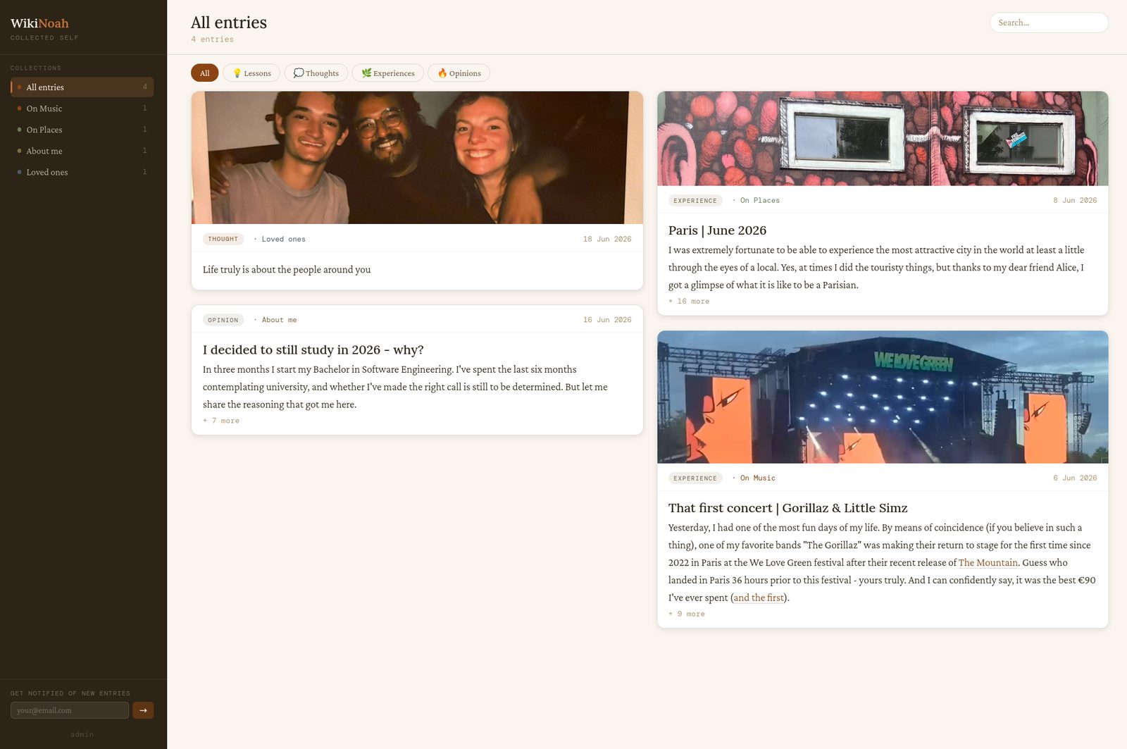 A real wiki — entries for concerts, places, lessons and loved ones, organised into collections